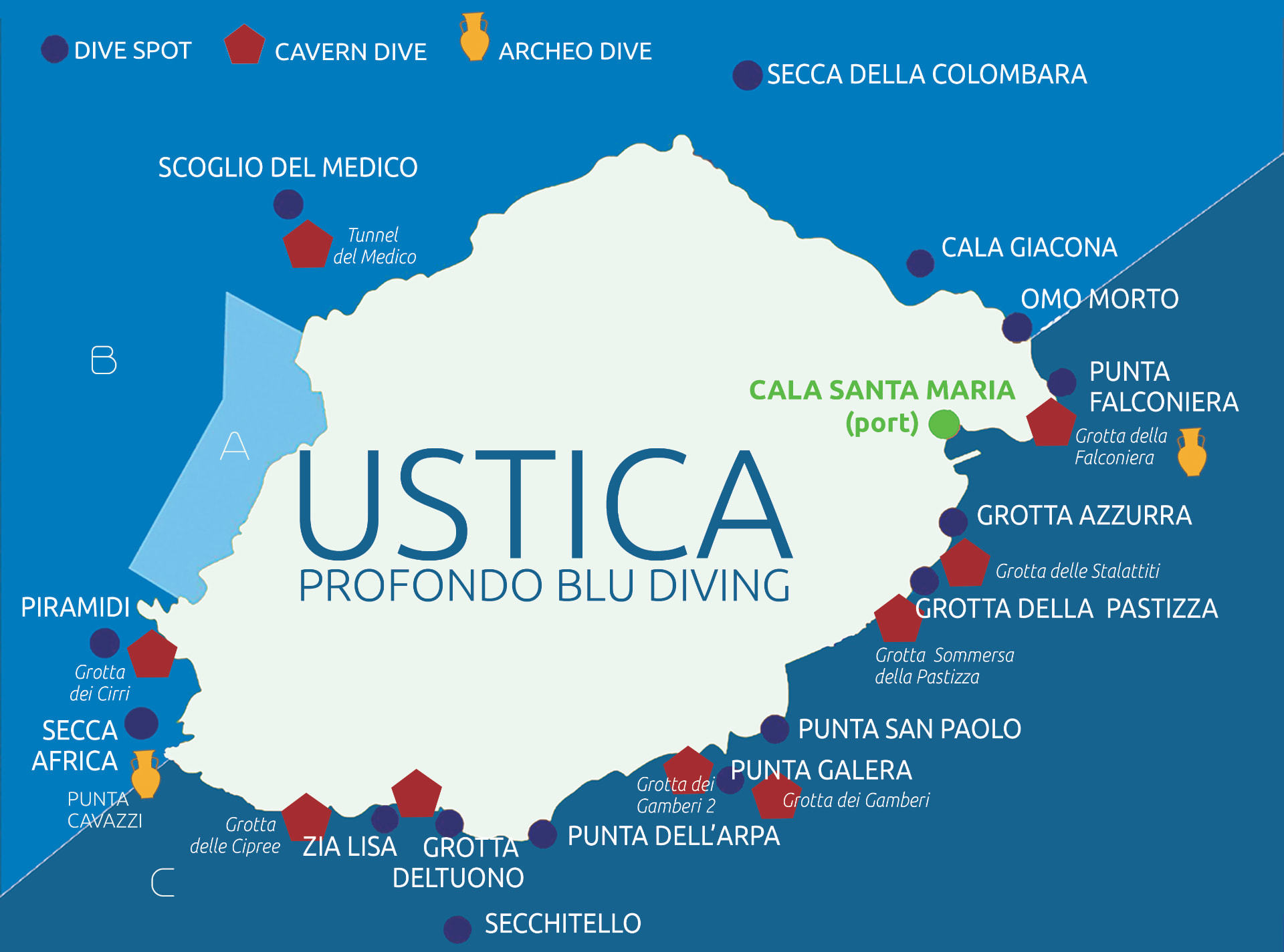 Mappa dei siti d'immersione intorno a Ustica