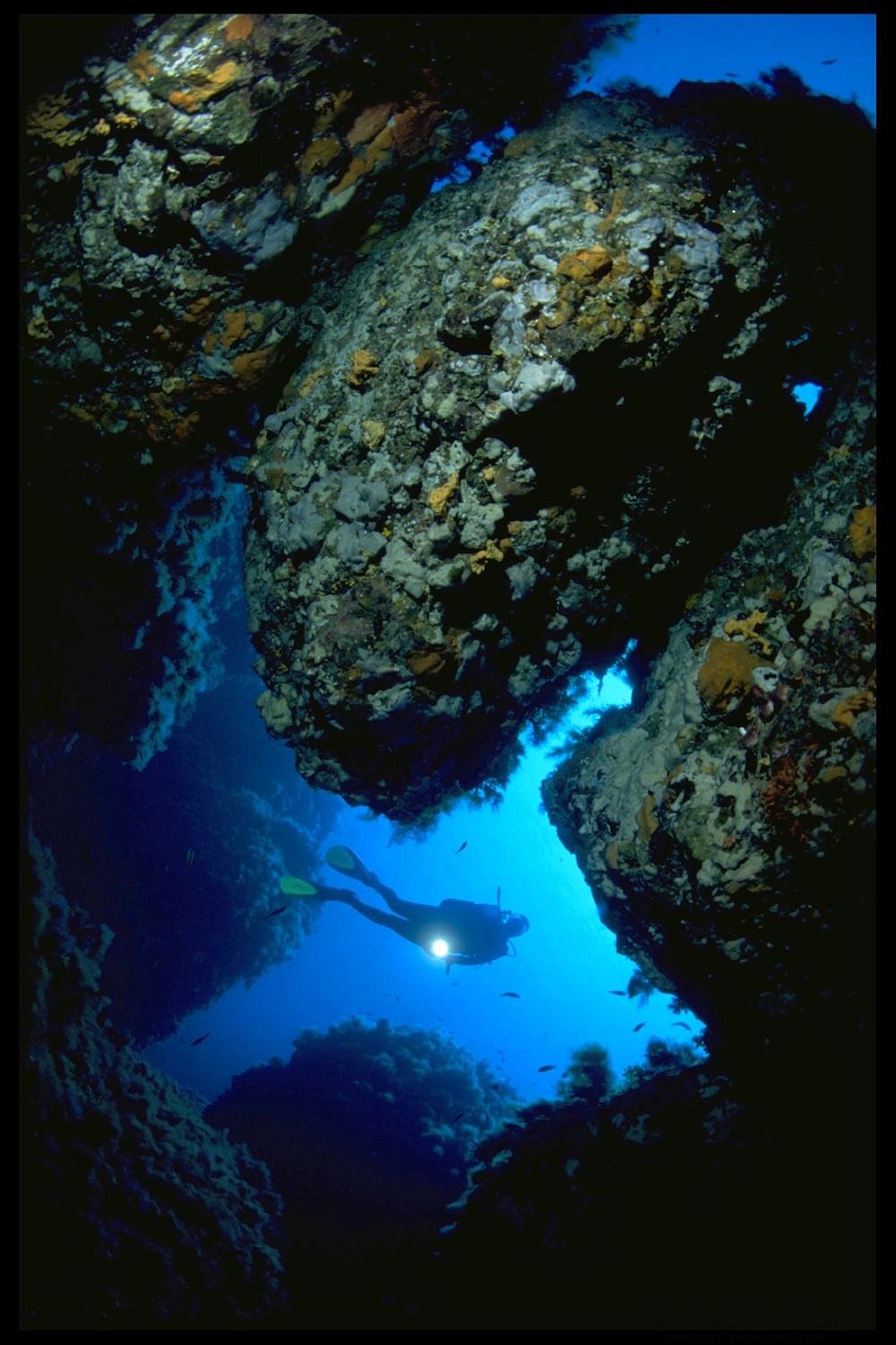Subacqueo in immersione tra le rocce sommerse di Ustica